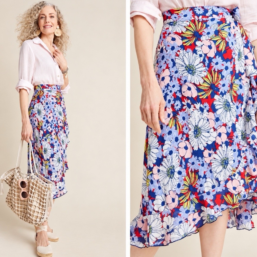 Anthropologie Maeve Floral Wrap Skirt High Low Hem S Boho Cottagecore Ruffle